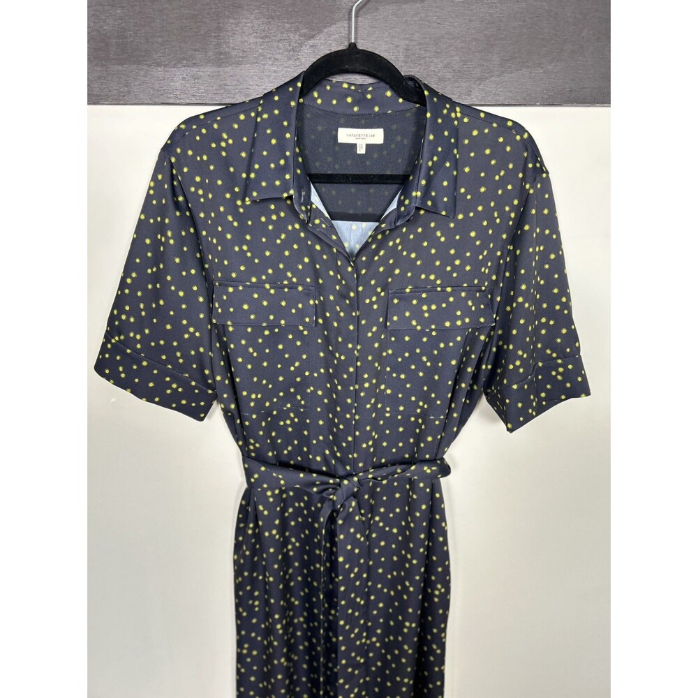 LAFAYETTE 148 New York Doha Polka Dot Navy Green Shirt Dress w/Belt Sz Large